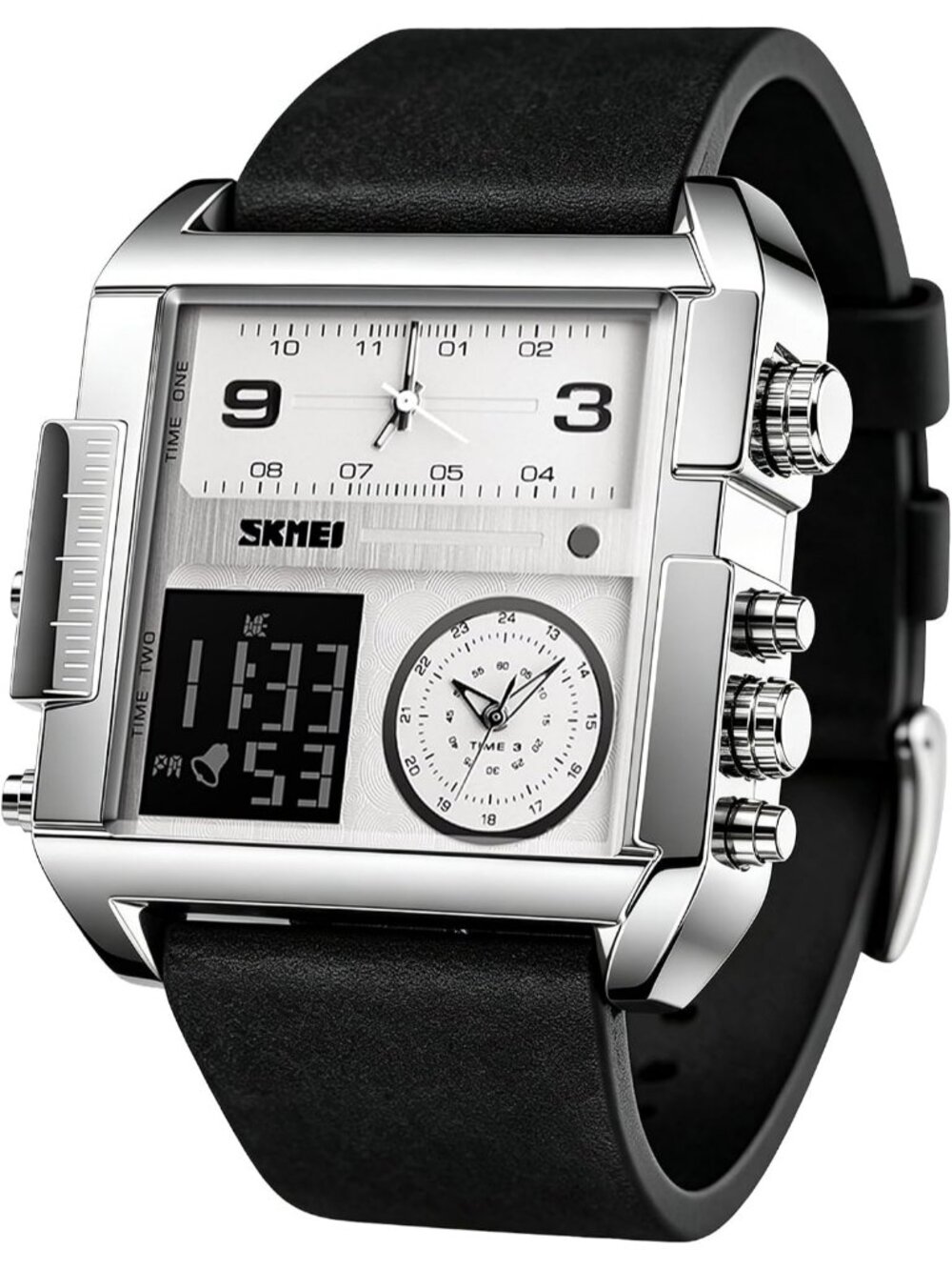 Men's Silver Black LED Square Large Face Analog Quartz Digital Sports Watch